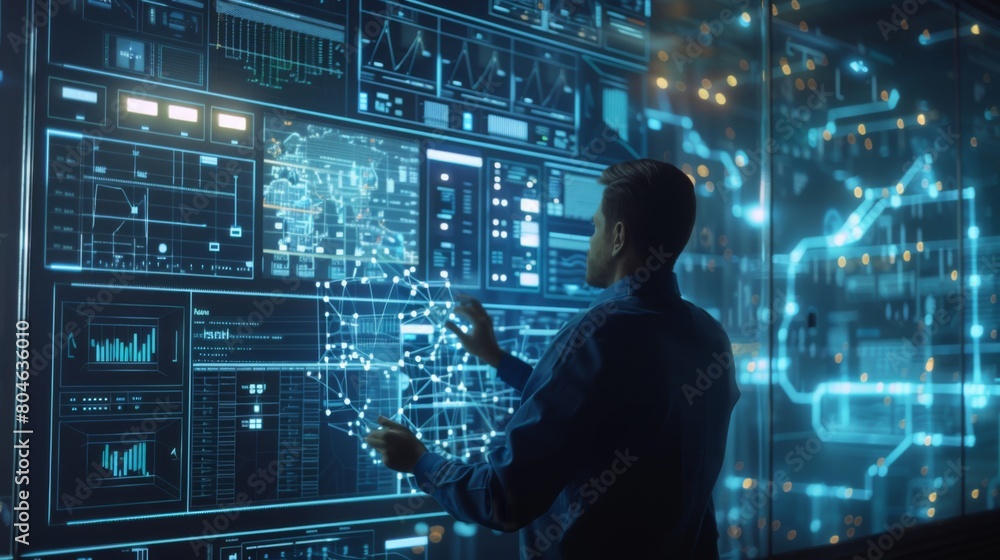 Poster electric power Industry with electrical engineers using virtual control panel to manage smart grid. Industrial and smart city network. Renewable Energy Smart Grid Technology