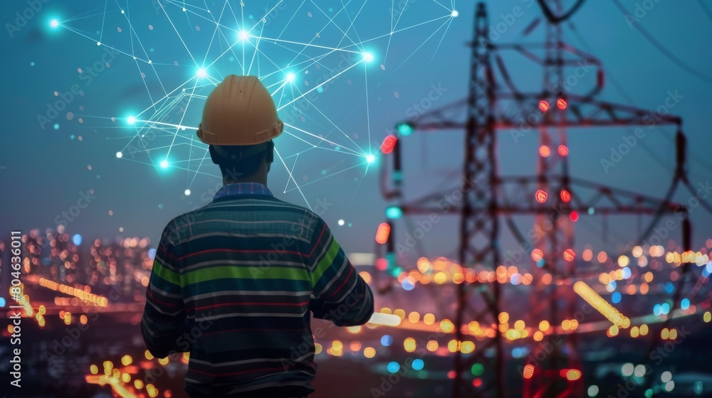 Poster electric power Industry with electrical engineers using virtual control panel to manage smart grid. Industrial and smart city network. Renewable Energy Smart Grid Technology