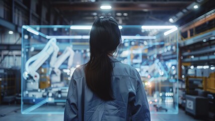 Female in coveralls with her back turned Standing at Electronics Factory. Augmented Reality Visualization of a Conveyor Belt Production Line with Robot Arms