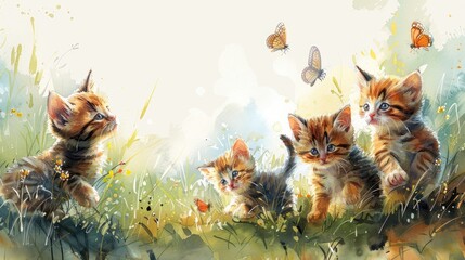 Four kittens playing in a field of flowers and butterflies - obrazy, fototapety, plakaty