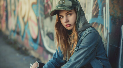 A sad teenage girl in a denim jacket with a hood sits against a wall with graffiti.