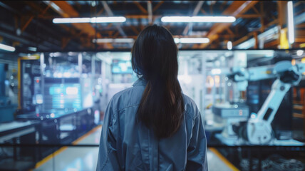 Obraz premium Female in coveralls with her back turned Standing at Electronics Factory. Augmented Reality Visualization of a Conveyor Belt Production Line with Robot Arms