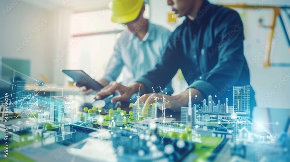 Poster Engineer and Architect analyzing of under construction project with technology and new innovative on digital tablet and icon network of construction on virtual interface