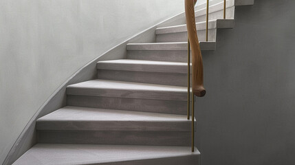 Soft gray stairs with a wooden handrail, angled full view highlighting the smooth finish.
