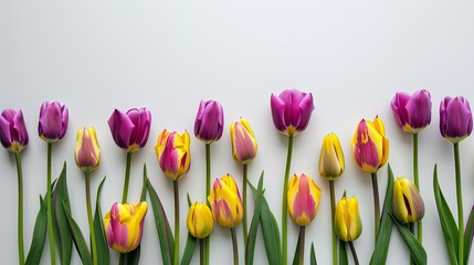 Celebrate Mother s Day with stunning purple and yellow tulips against a crisp white backdrop creating a vibrant spring scene