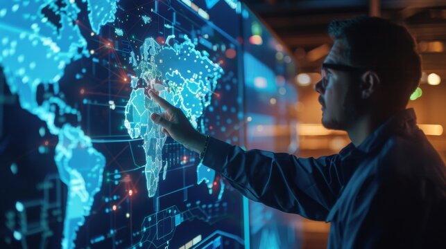 Engineers pointing virtual interface panel of global logistics network distribution and transportation, Smart logistics, Import export and industry,