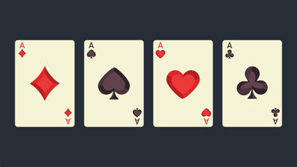 Flat vector illustration of ace card. Cards for casino. Card suits Hearts, Diamonds, Clubs, Spades.
