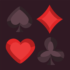 Flat vector illustration of a set of card suits on a dark background. Casino cards. Card suits Hearts, Diamonds, Clubs, Spades.