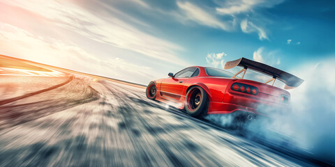 Obraz premium Sports car drifts on a race track. Racing drift car with a lot of smoke. Copy space