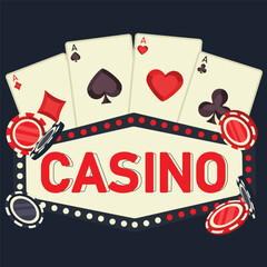 Flat vector illustration with cards and chips. Casino cards. Card suits Spades.Casino banner. Casino sign
