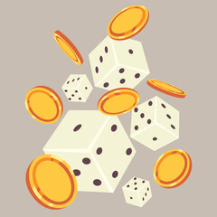 Flat vector illustration with coins and dice.
Coins of different sides, different angles of coins. Casino games. Board games.