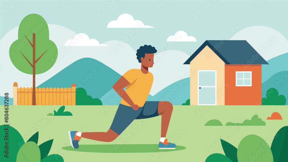 Poster a man does a series of low impact cardio exercises in a tranquil backyard explaining the benefits of