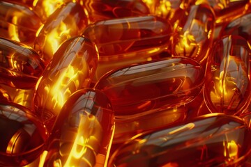 Close-up of omega-3 fish oil capsules in beautiful sunlight for natural health and wellness