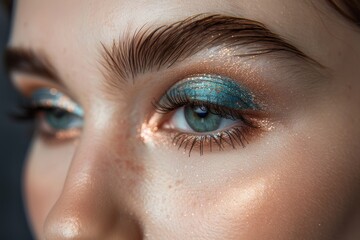 Fototapeta premium Close-up of eye with vibrant and colorful glittery makeup, perfect for fashion and beauty projects