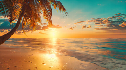 Sunrise at a Caribbean Beach, Palm Trees Silhouetted Against a Colorful Sky, Tranquil Morning Scene