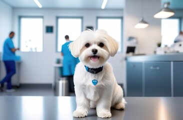 A lap dog sits in a veterinary clinic, looking into the frame. In the background are veterinarians and the reception desk.