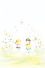 Two children, a boy and a girl, are holding hands in a field of flowers