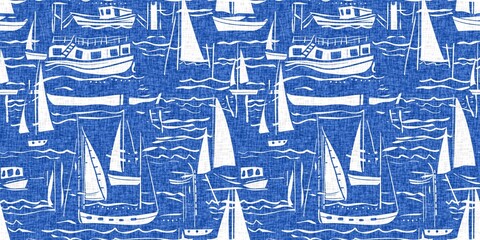 Coastal sail boat in azure ocean blue seamless border background. Modern sailing boat block print for decorative coast interior furnishing fabric for rustic linen beach cottage banner trend. 