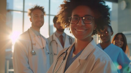 A group of diverse doctors and nurses standing in a hospital hallway, smiling at the camera. - Powered by Adobe