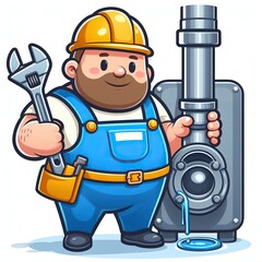 Friendly Plumber at Work: Cartoon Illustration of a Smiling Plumber with Tools and Pipe.