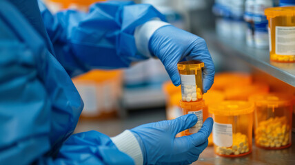Pharmacist in sanitary gloves filling orange bottles with pills.