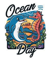 free vector World Ocean Day illustration hand lettering t-shirt design
