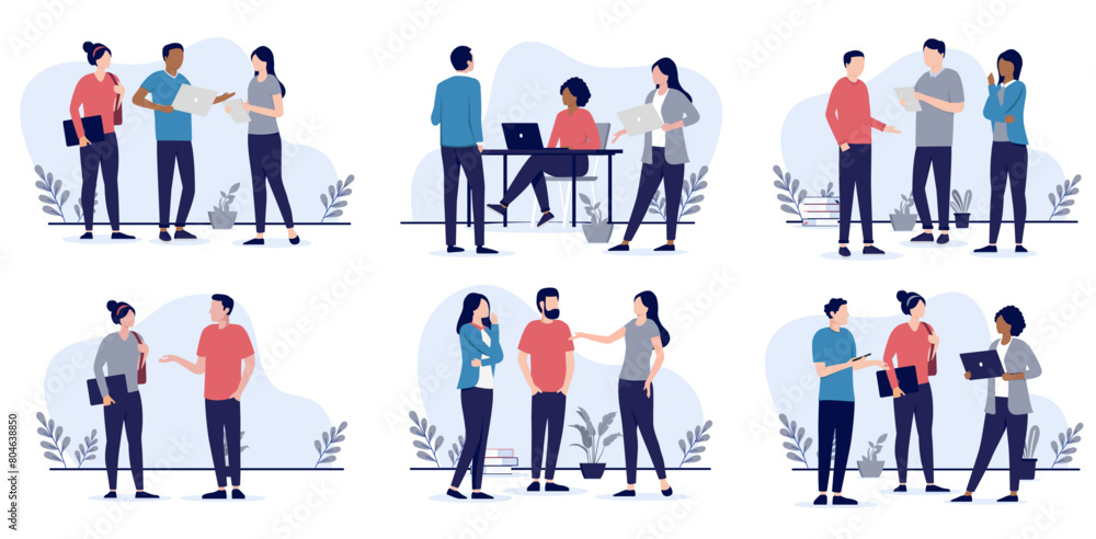 Poster people working and talking together in office collection - set of vector illustrations with groups o