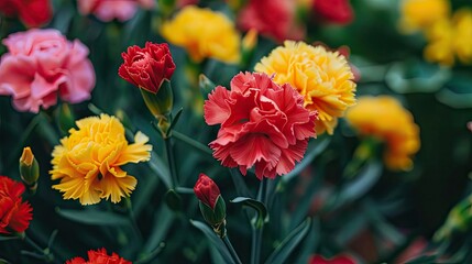 Vividly colored carnations in full bloom up close