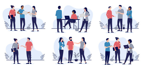 People working and talking together in office collection - Set of vector illustrations with groups of businesspeople communication and discussing at work. Flat design with white background