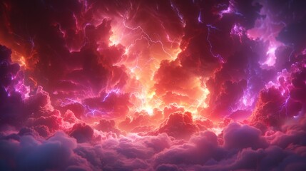 A stormy sky with multiple cloud-to-ground lightning strikes and bright colors.