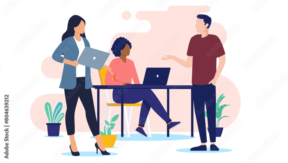 Poster office workers people - team of three businesspeople in casual clothes in workplace talking and disc