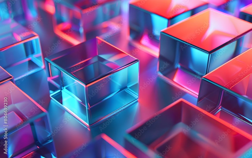 Poster Abstract background with glass cubes and a blue, red gradient. Abstract minimalistic composition for a design in a futuristic style. Geometric shapes on a dark color background. Vector illustration 