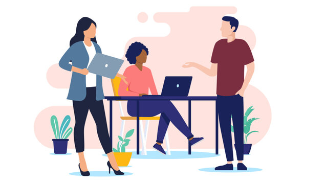 Office workers people - Team of three businesspeople in casual clothes in workplace talking and discussing business project. Flat design vector illustration with white background