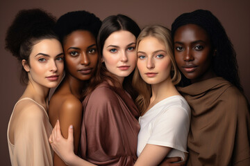 advertising photography in studio of beautiful young women of different races and nationalities, elegant girls, friends, international women's day, March 8, equality, diversity, feminism, female face,