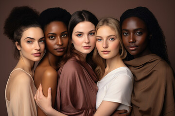 Obraz premium advertising photography in studio of beautiful young women of different races and nationalities, elegant girls, friends, international women's day, March 8, equality, diversity, feminism, female face,