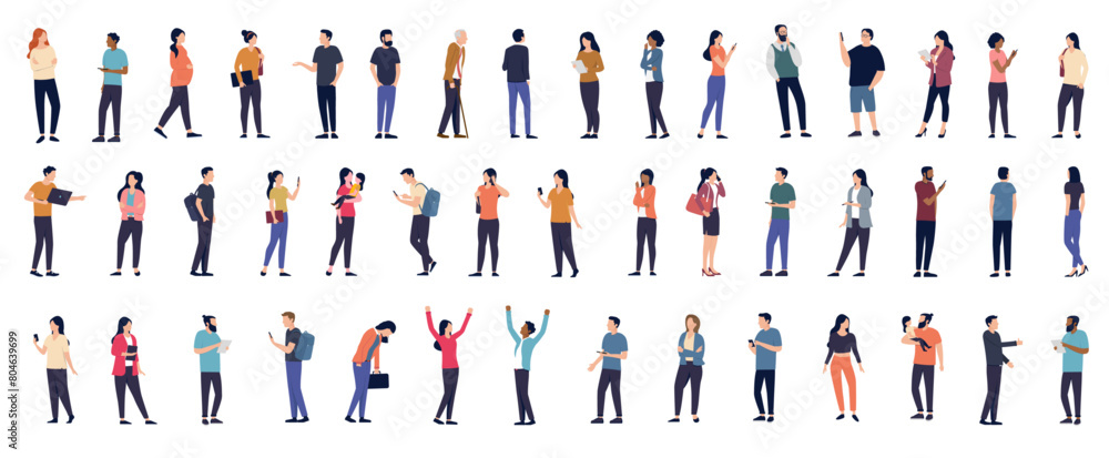 Poster casual vector people collection - large set of diverse characters, men and women standing in various