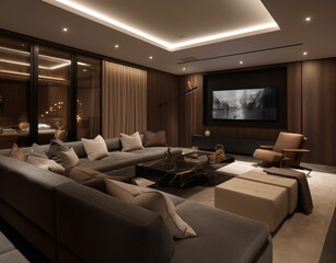 A sleek and modern media room with a large screen TV, comfortable sectional sofa, and surround sound speakers, creating the ultimate entertainment experience for movie nights, gaming sessions