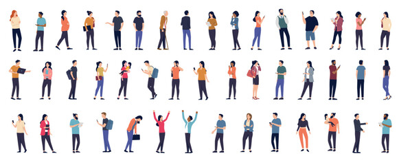 Casual vector people collection - Large set of diverse characters, men and women standing in various poses. Flat design side view vector illustrations on white background