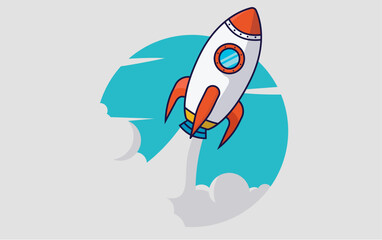 Spaceship takeoff - Cartoon rocket ship flying upwards with oval round background. Flat design vector illustration with grey background