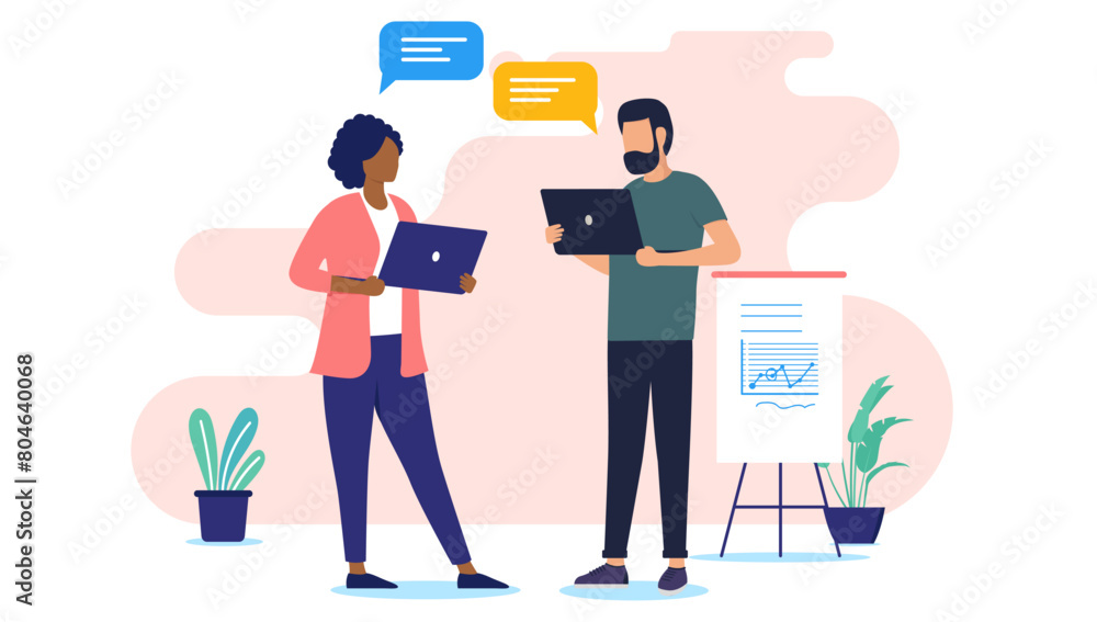 Poster man and woman with computers - two people in office having a business conversation while standing, t