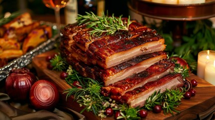 Gourmet platter showcasing three layers of perfectly roasted pork belly, a culinary masterpiece."