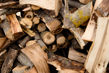 pile of chopped firewood, closeup