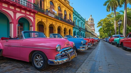 Obraz premium Walking tour through the historic streets of Old Havana, vibrant buildings and classic cars,
