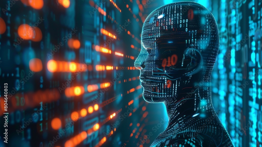 Fototapete icons and binary code, big data, coding Ai robot digital