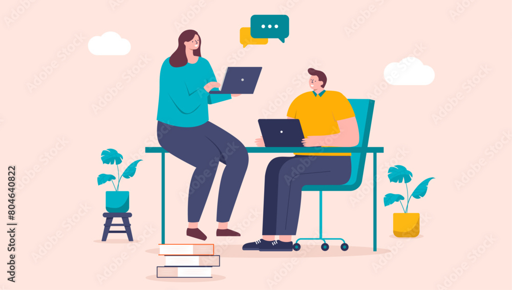 Poster two people working on computers in office - man and woman vector characters sitting at desk doing wo