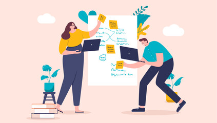 Workshop work - Two businesspeople in office at work using sticky notes and white board in creative work process making plans, ideas and brainstorming together in flat design vector illustration