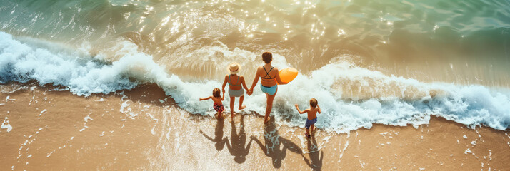 Family enjoying water sports with surfboard on beach. Generative AI