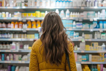 A woman is browsing shelves in a pharmacy for products. Generative AI