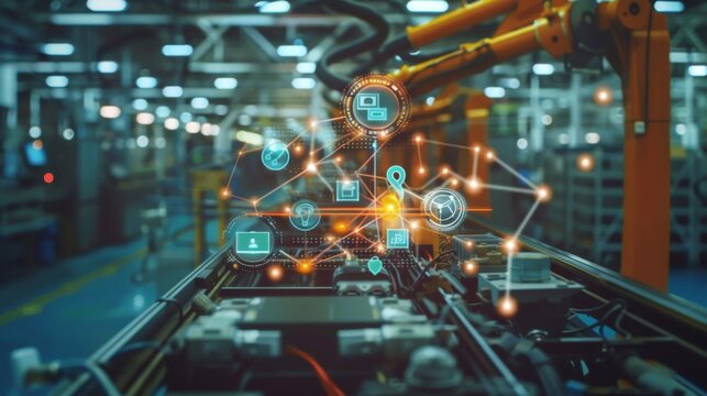 Industry 4.0 concept image. industrial instruments in the factory with cyber and physical system icons ,Internet of things network,smart factory solution