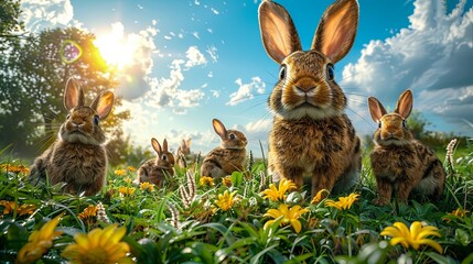 Cute and adorable bunnies enjoying a sunny day in a field of flowers.
